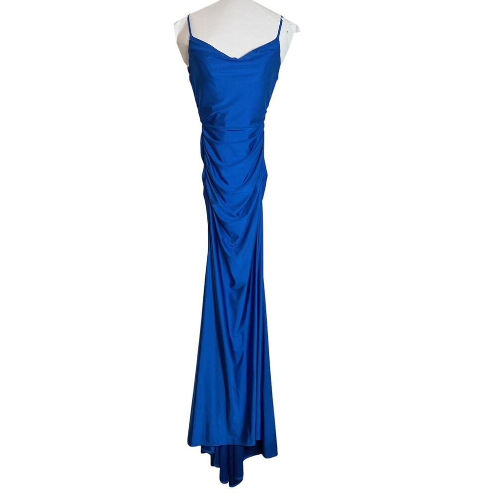 B Darlin Womens Maxi Dress 1/2 Blue Ruched Bodycon Spaghetti Strap Prom Dress